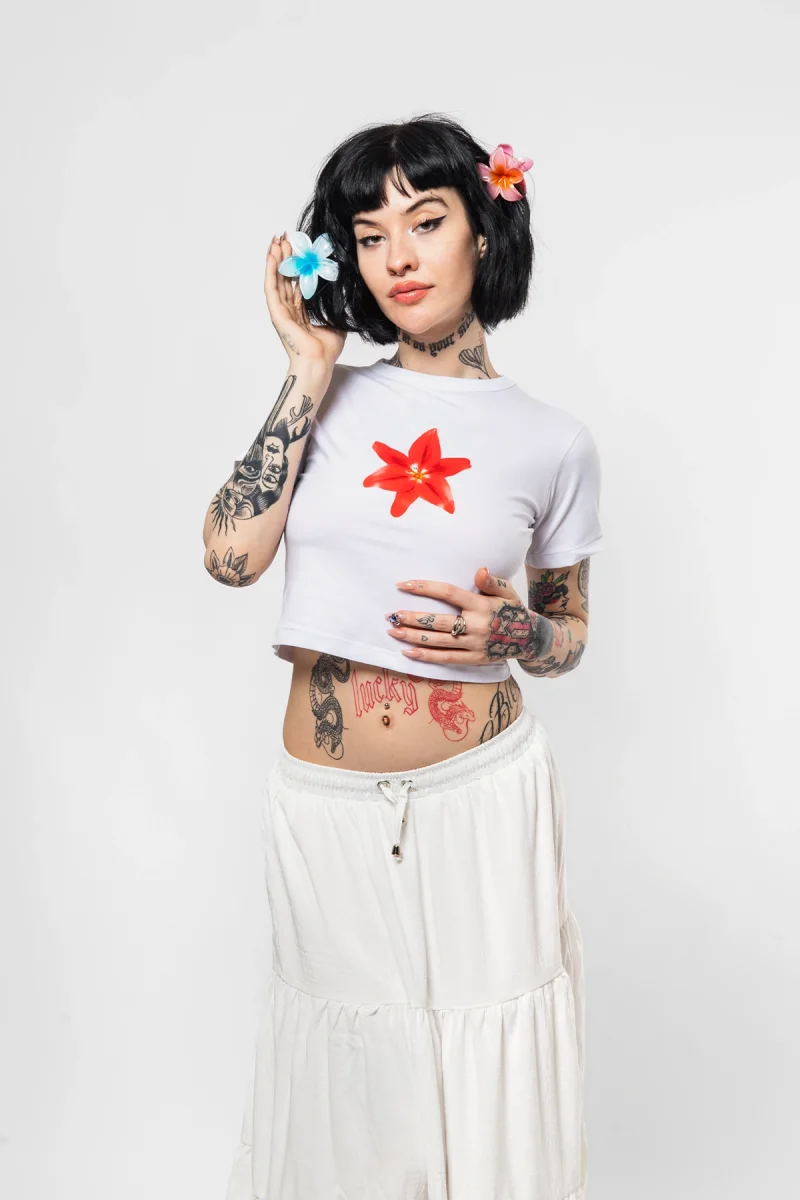 Cute Çiçek Baskılı Beyaz Crop Top