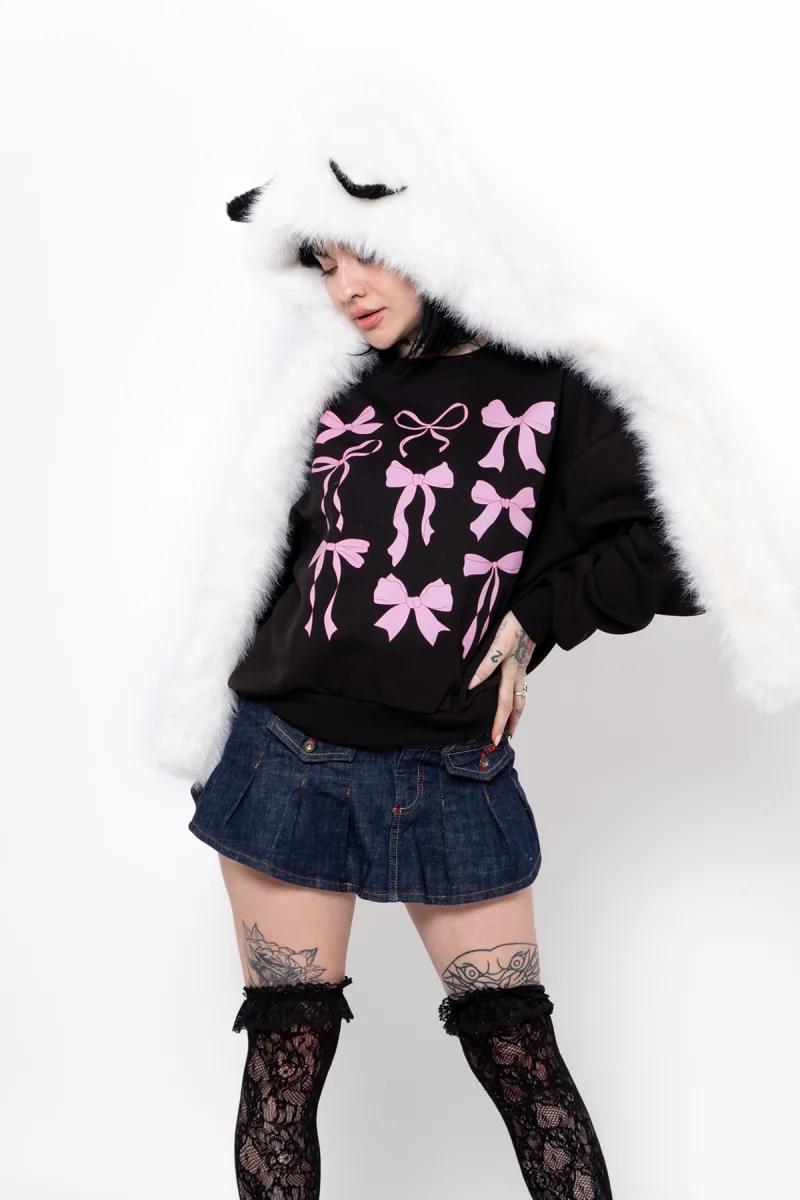 Cute Fiyonk Baskılı Kapüşonsuz Relaxed Fit Kadın Siyah Sweatshirt