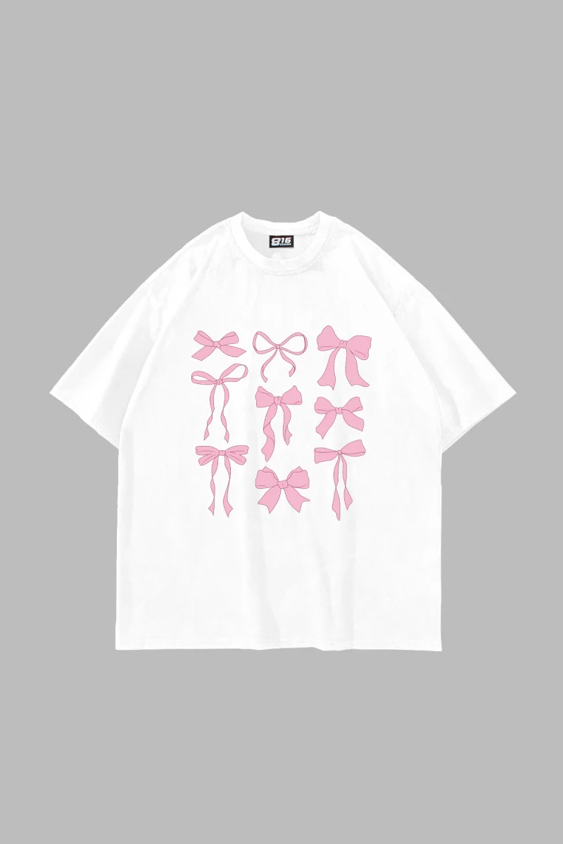 Cute Fiyonk Baskılı Oversize Unisex Beyaz Tshirt