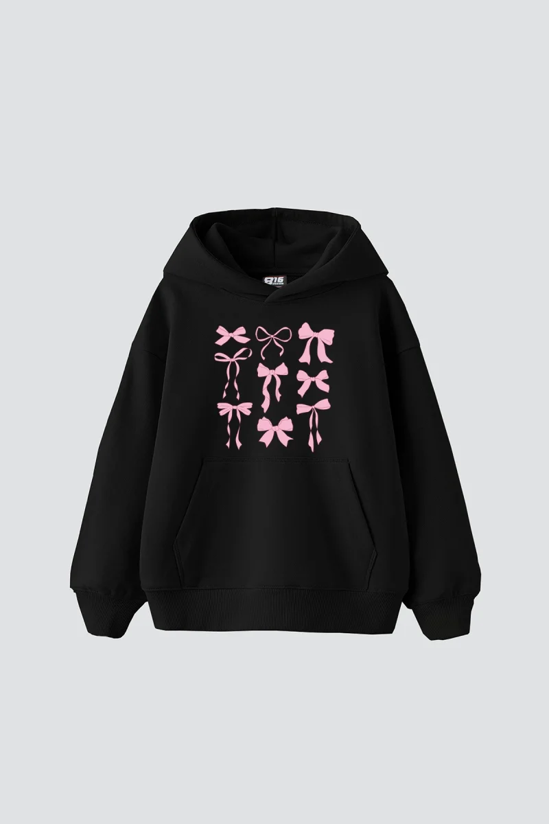 Cute Fiyonk Baskılı Oversize Unisex Siyah Hoodie