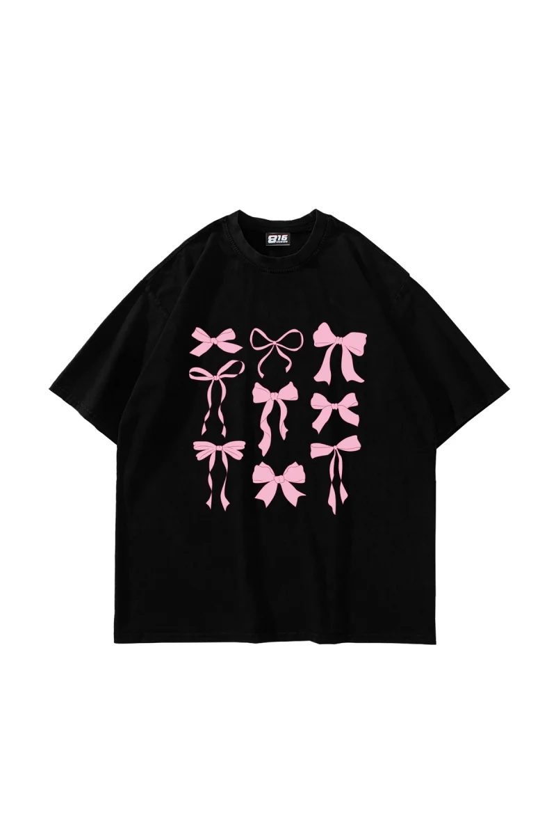 Cute Fiyonk Baskılı Oversize Unisex Siyah Tshirt