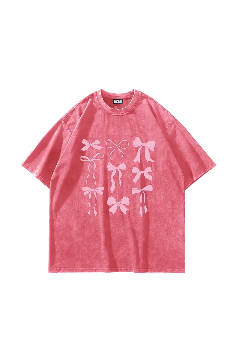 Cute Fiyonk Baskılı Oversize Unisex Yıkamalı Pembe Tshirt