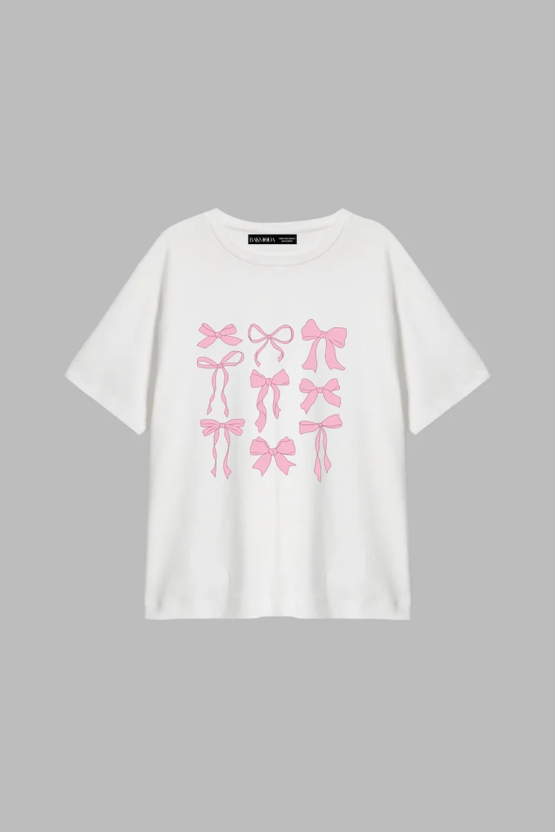 Cute Fiyonk Baskılı Relaxed Fit Beyaz Kadın Tshirt