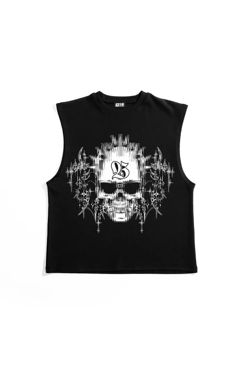 Cyber Skull Graphic Baskılı Siyah Sıfır Kol Tshirt