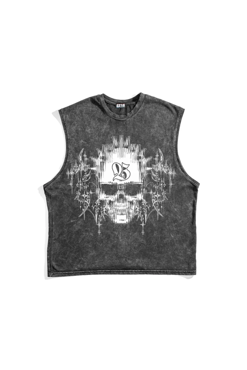 Cyber Skull Graphic Baskılı Yıkamalı Siyah Sıfır Kol Tshirt