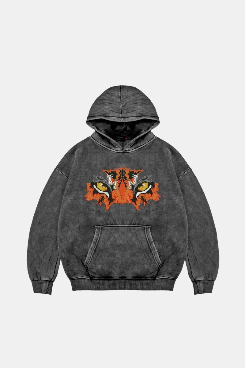 Tiger Eyes1 Baskılı Oversize Unisex Premium Yıkamalı Siyah Hoodie