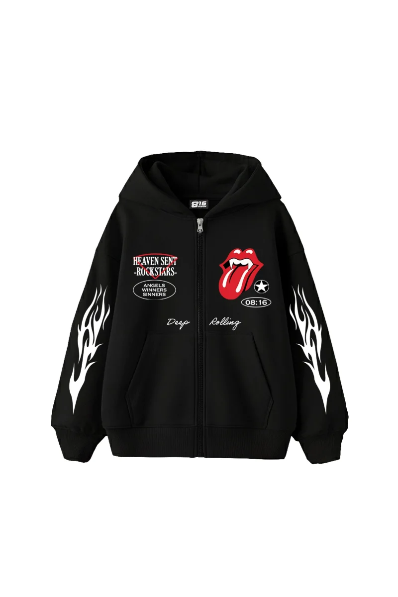 Deep Rolling Fermuarlı Zip Kapüşonlu Unisex Siyah Sweatshirt