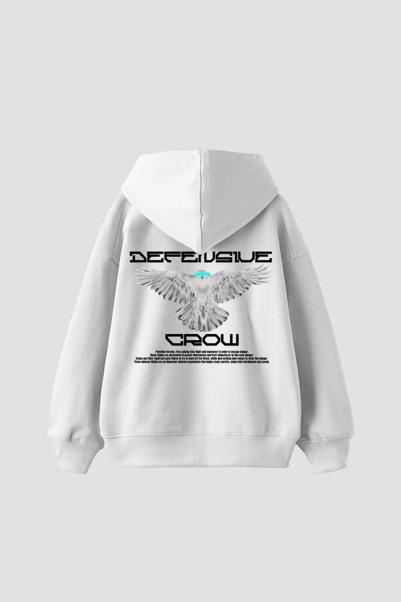 Defensive Crow Baskılı Oversize Unisex Beyaz Hoodie