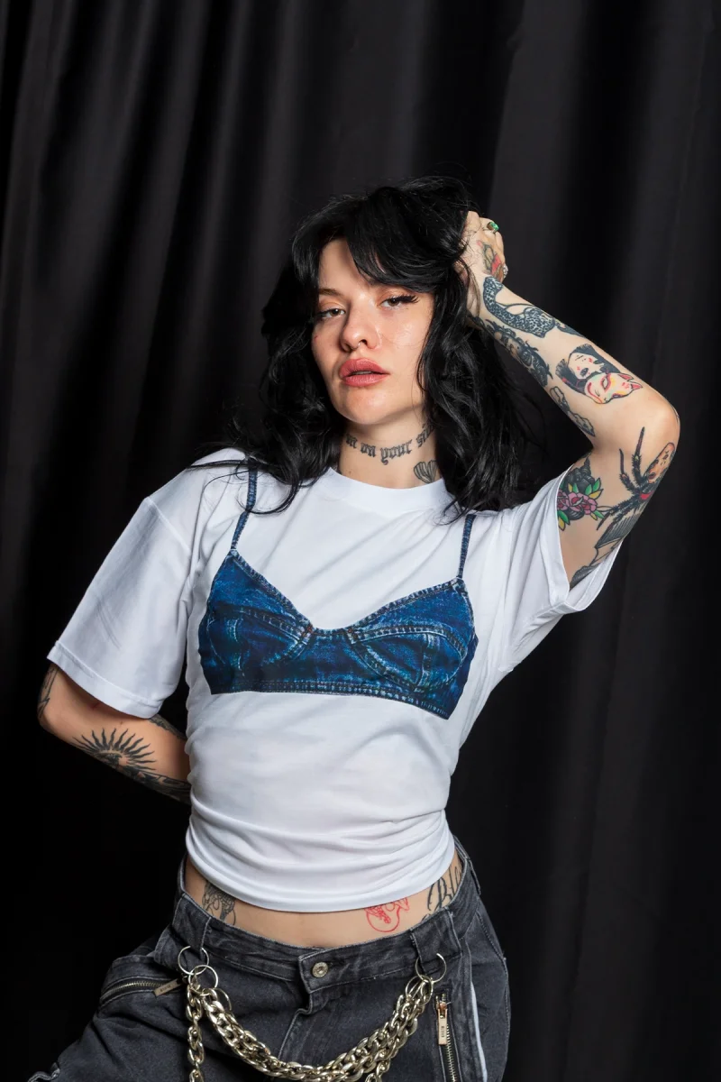 Denim Bra Baskılı Relaxed Fit Beyaz Kadın Tshirt