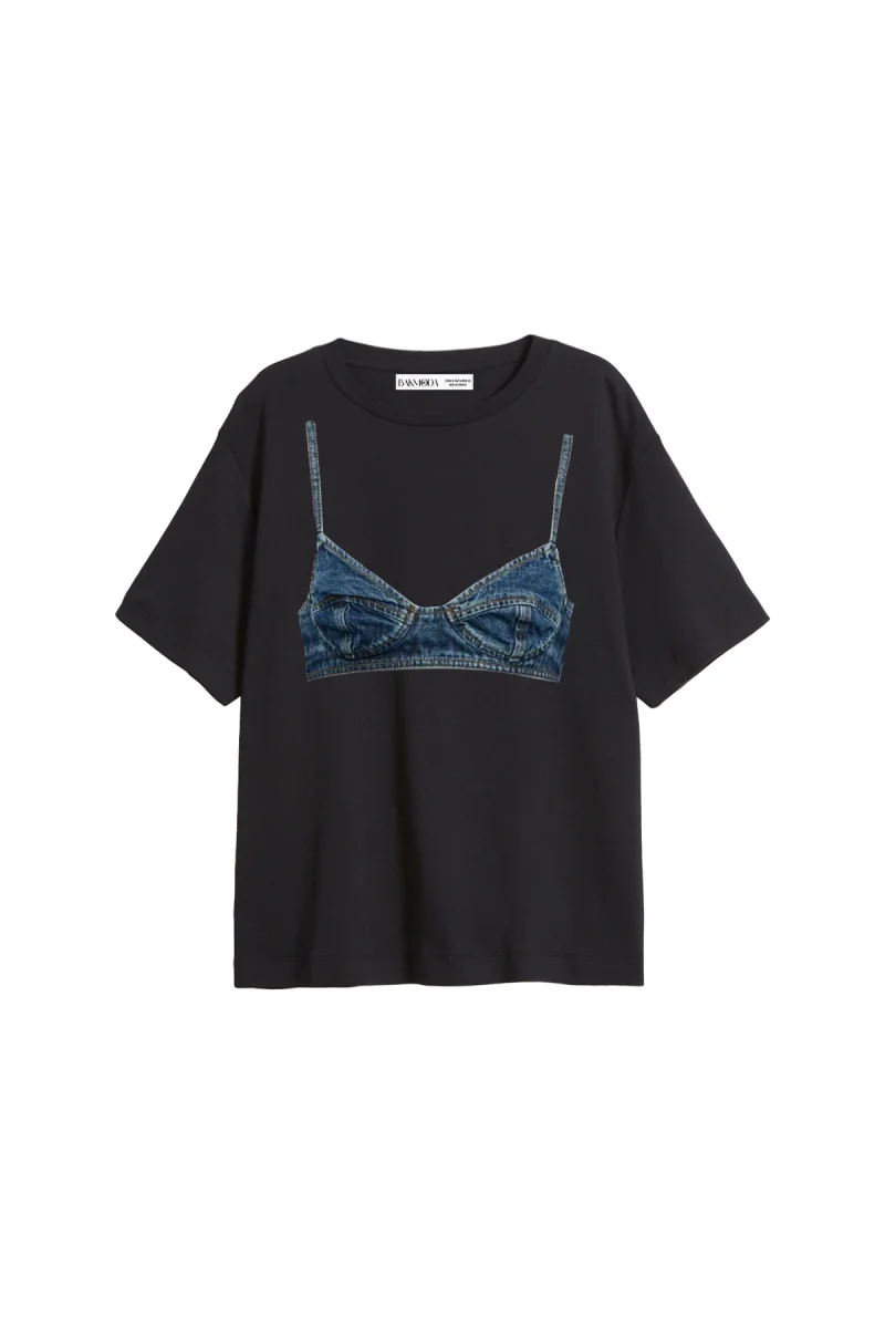 Denim Bra Baskılı Relaxed Fit Siyah Kadın Tshirt