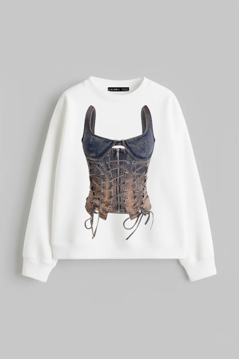 Denim Corset Baskılı Kapüşonsuz Relaxed Fit Kadın Beyaz Sweatshirt