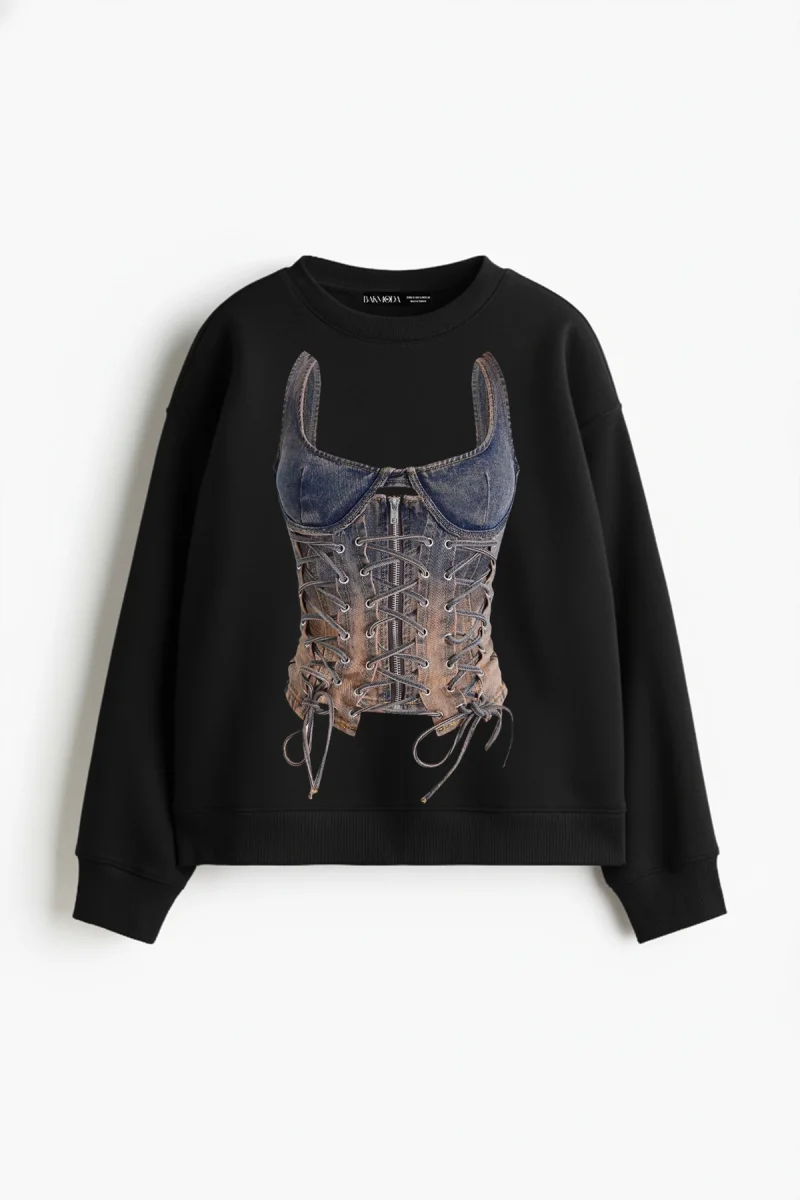 Denim Corset Baskılı Kapüşonsuz Relaxed Fit Kadın Siyah Sweatshirt
