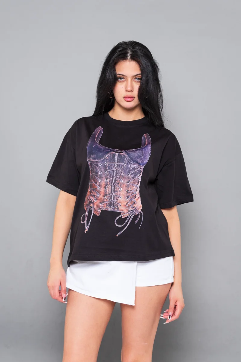 Denim Corset Baskılı Relaxed Fit Siyah Kadın Tshirt