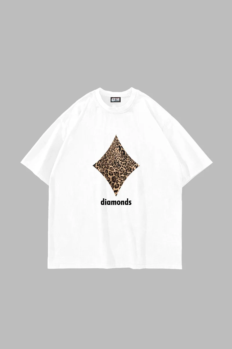 Diamonds Leopar Baskılı Oversize Unisex Premium Beyaz Tshirt