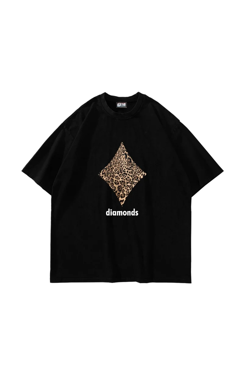 Diamonds Leopar Baskılı Oversize Unisex Premium Siyah Tshirt
