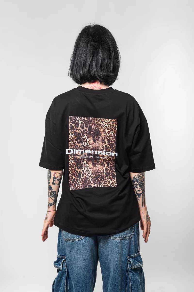 Dimension Baskılı Leopar Desenli 24/1 Oversize Unisex Siyah Tshirt