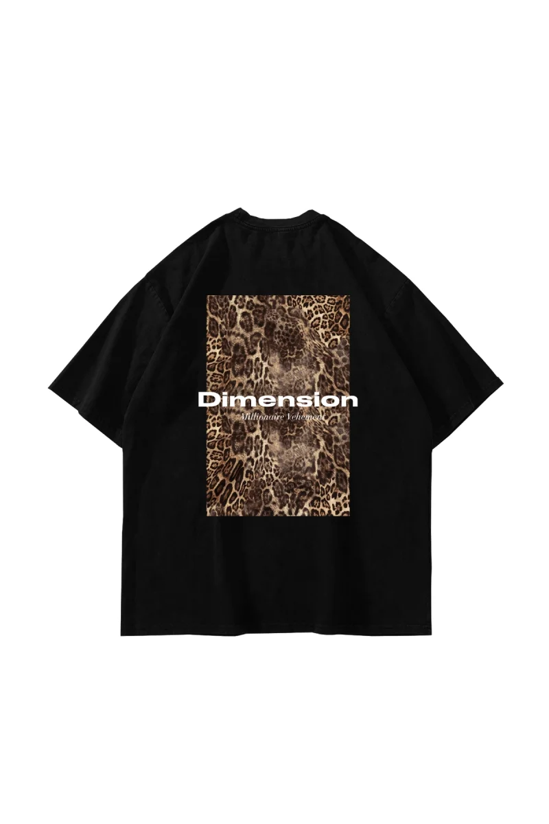 Dimension Baskılı Leopar Desenli 24/1 Oversize Unisex Siyah Tshirt