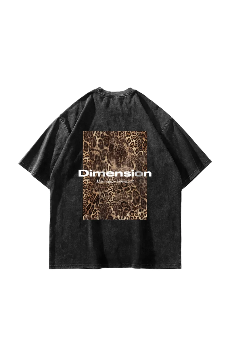 Dİmension Baskılı Leopar Desenli 24/1 Oversize Unisex Yıkamalı Siyah Tshirt