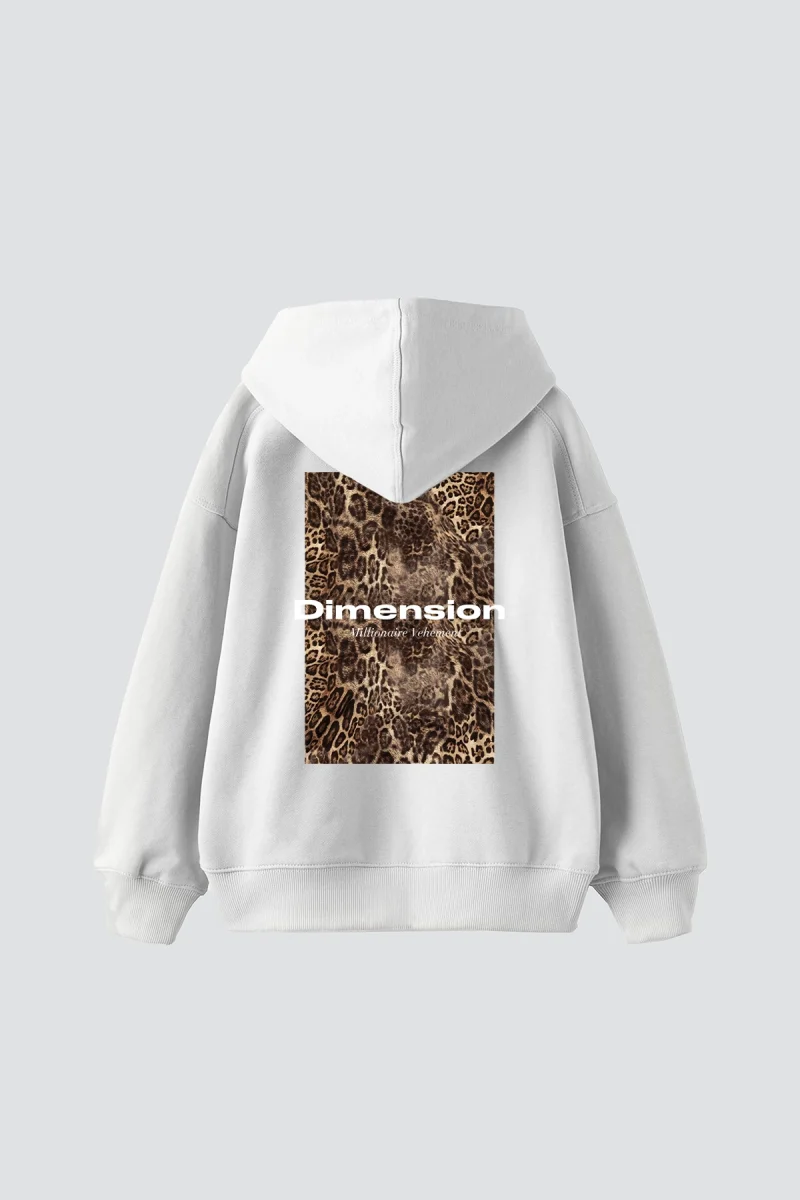 Dimension Leopar Baskılı Oversize Unisex Premium Beyaz Hoodie