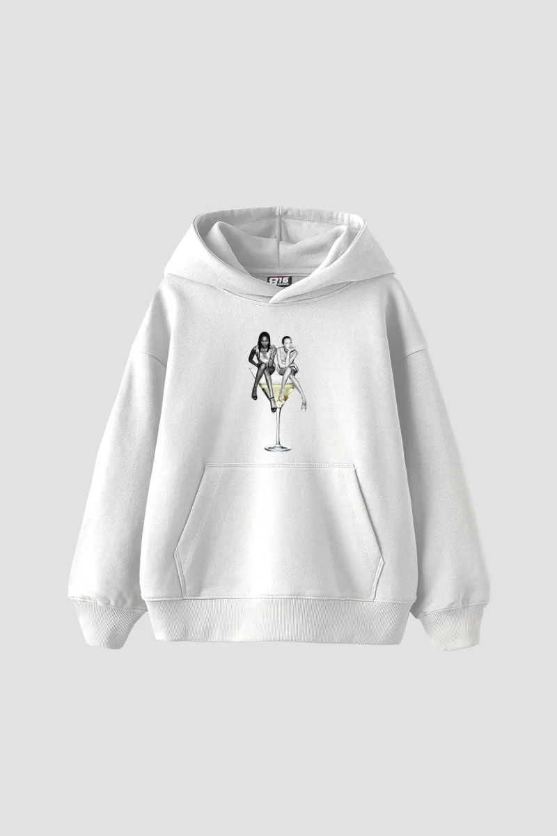 Dirty Martini Baskılı Oversize Unisex Beyaz Hoodie