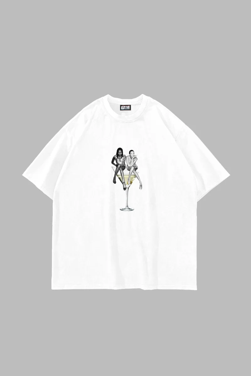 Dirty Martini Baskılı Oversize Unisex Beyaz Tshirt
