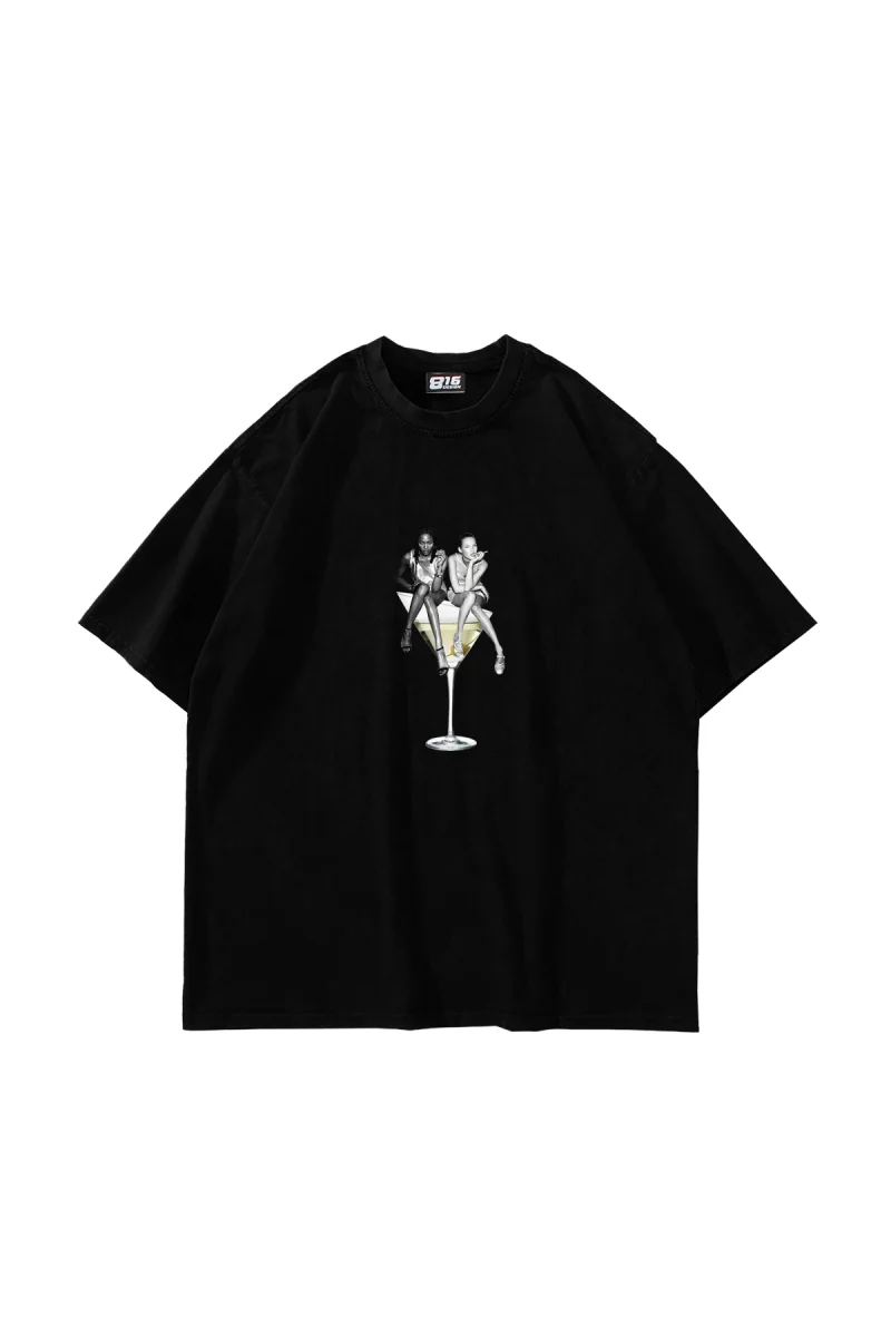 Dirty Martini Baskılı Oversize Unisex Siyah Tshirt