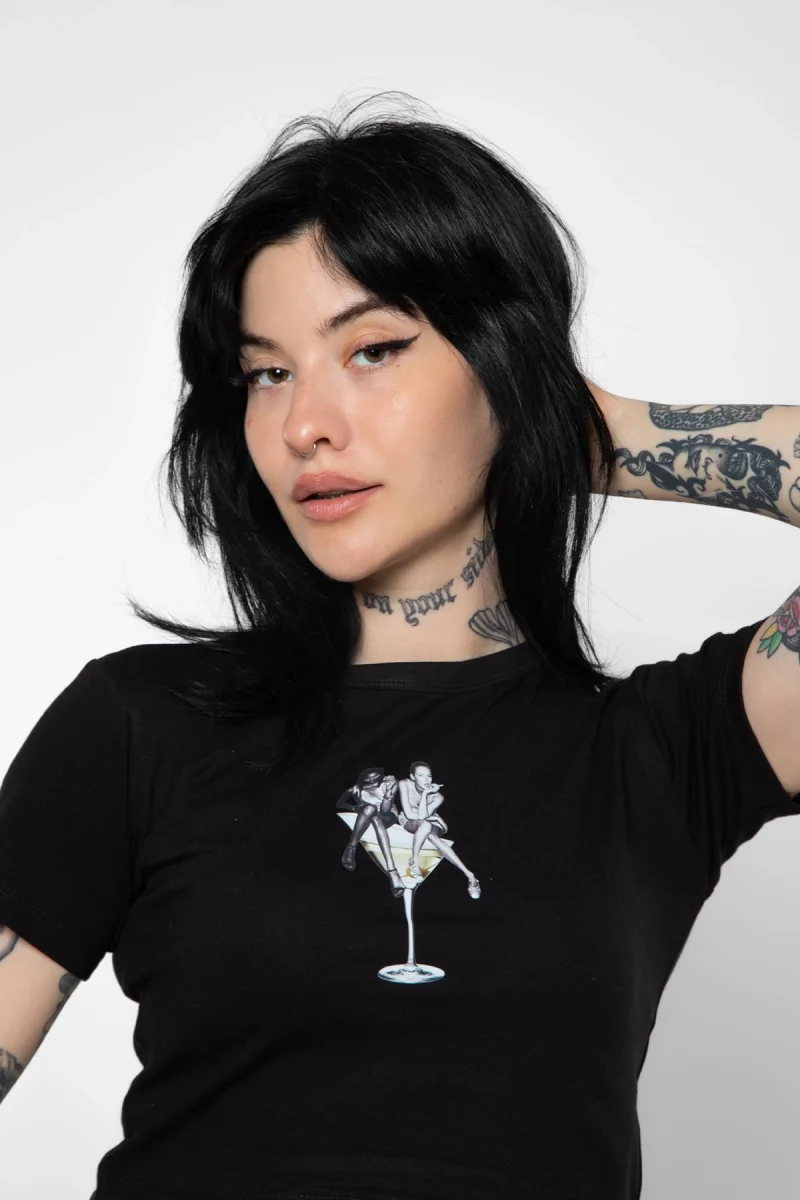 Dirty Martini Baskılı Siyah Crop Top