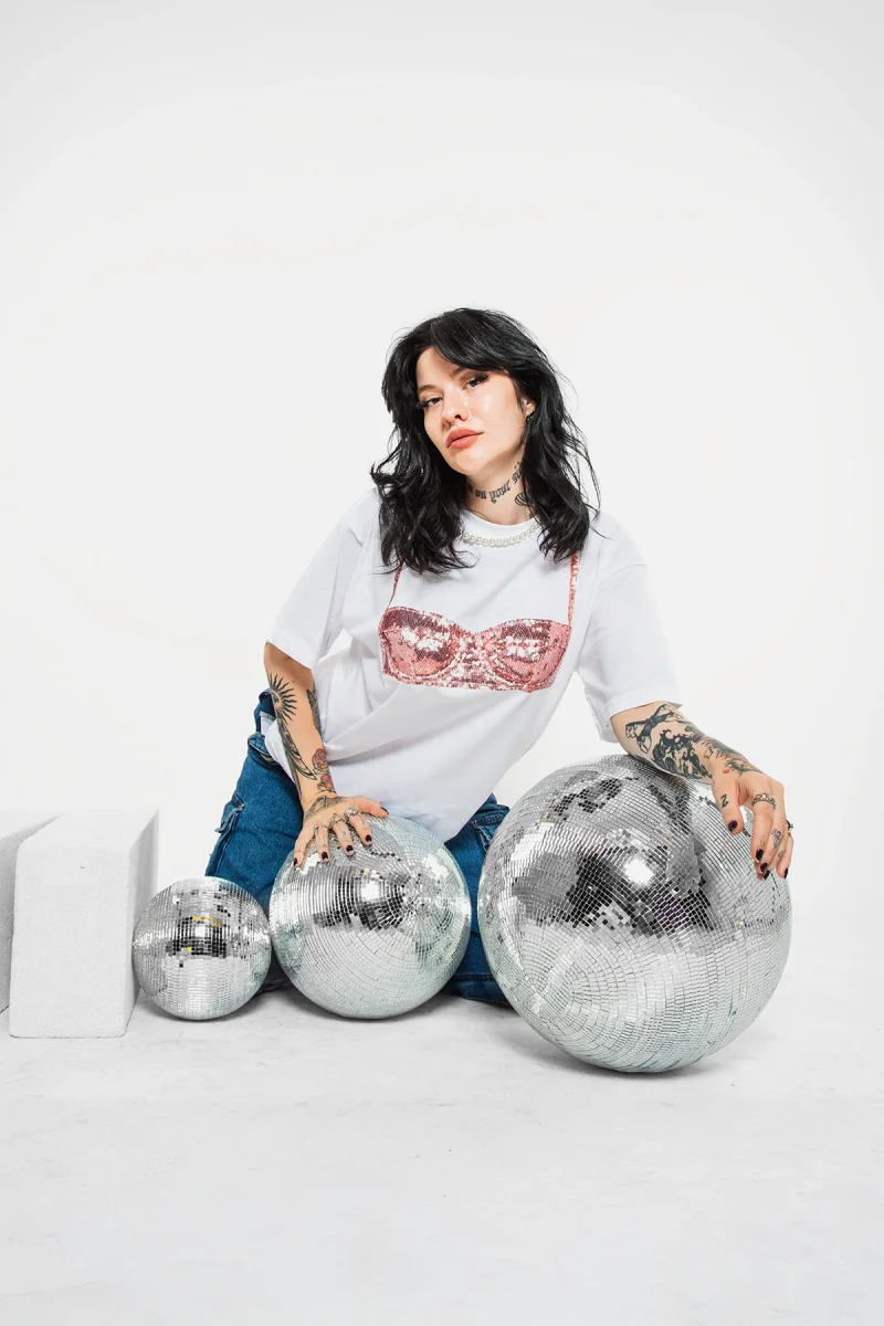 Disco Bralet Baskılı Relaxed Fit Beyaz Kadın Tshirt