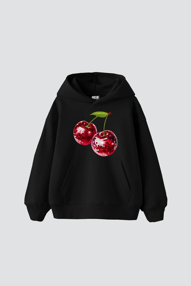 Disco Cherry Baskılı Oversize Unisex Siyah Hoodie