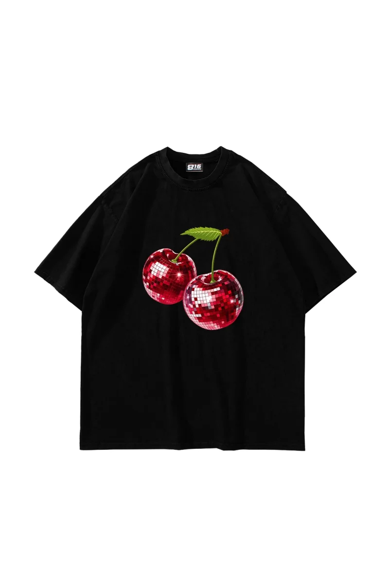 Disco Cherry Baskılı Oversize Unisex Siyah Tshirt