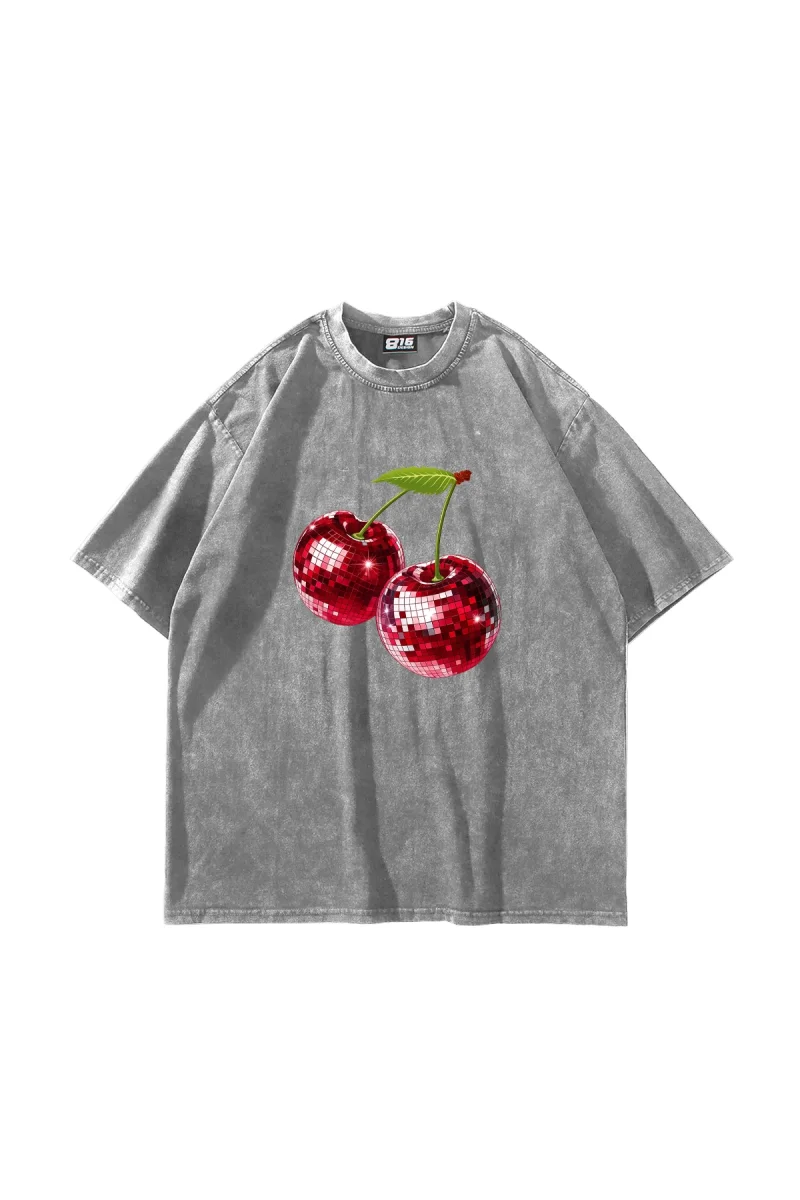 Disco Cherry Baskılı Oversize Unisex Yıkamalı Beyaz Tshirt