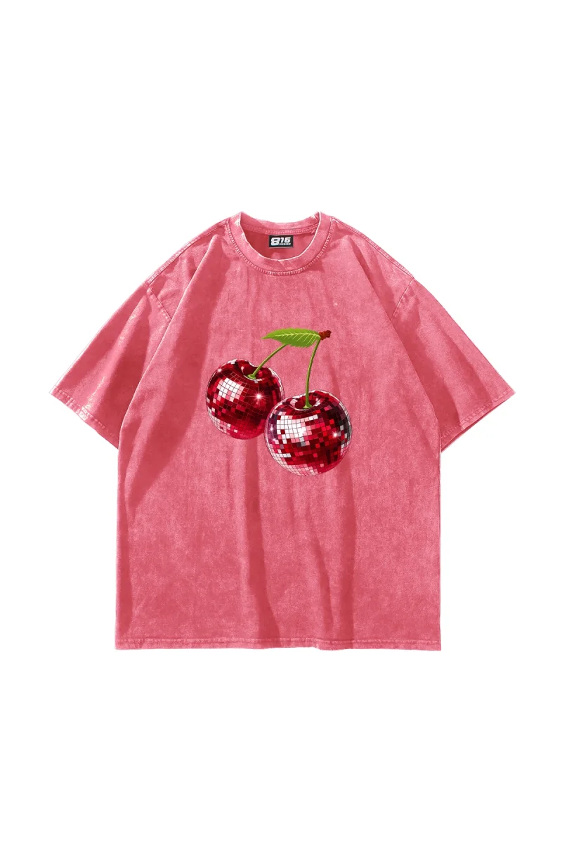Disco Cherry Baskılı Oversize Unisex Yıkamalı Pembe Tshirt