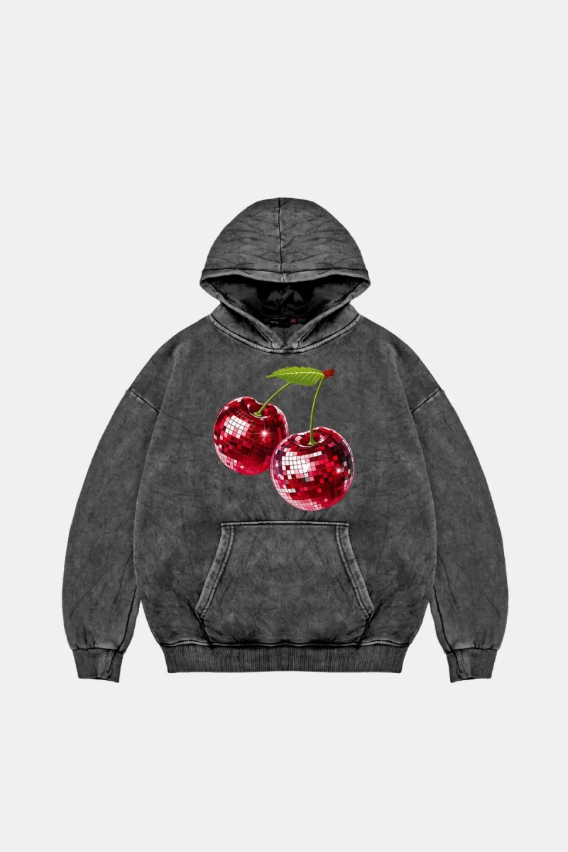 Disco Cherry Oversize Unisex Yıkamalı Siyah Hoodie