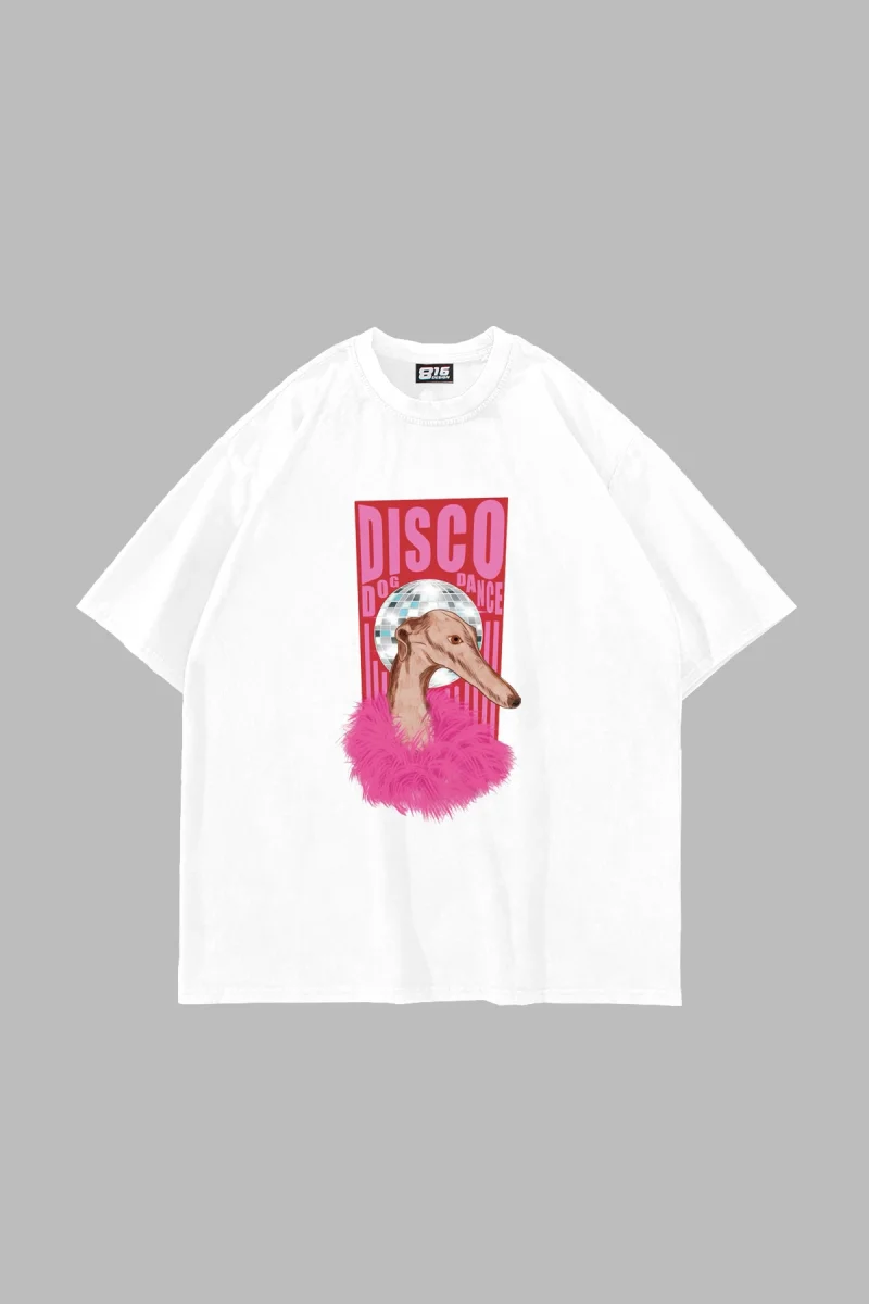 Disco Dog Baskılı Oversize Unisex Beyaz Tshirt