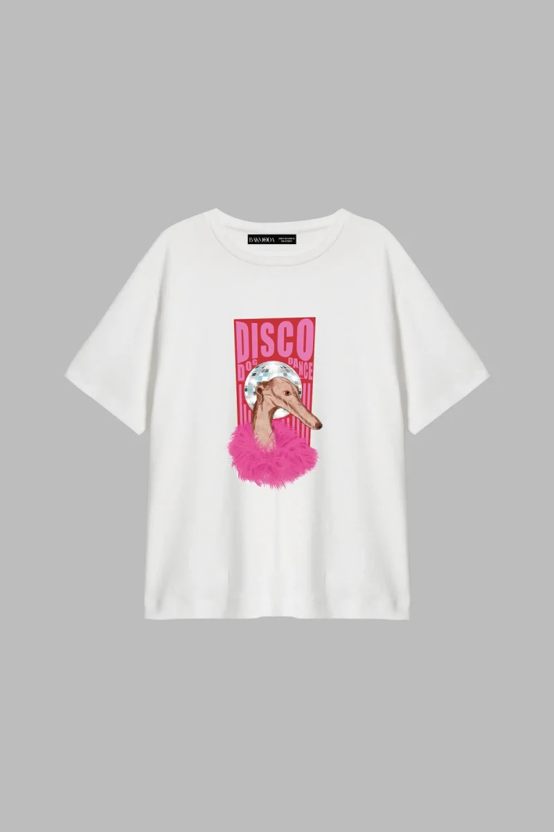 Disco Dog Baskılı Relaxed Fit Beyaz Kadın Tshirt