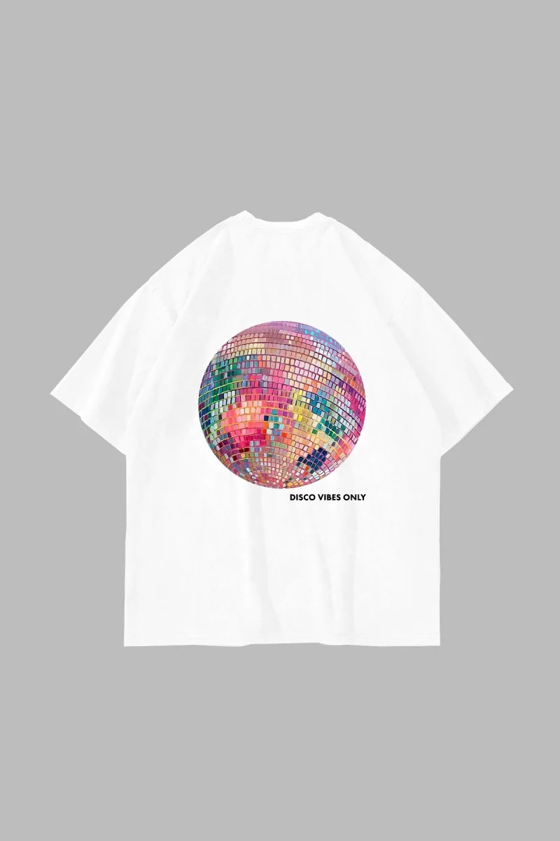 Disco Vibes Only Baskılı Oversize Unisex Beyaz Tshirt
