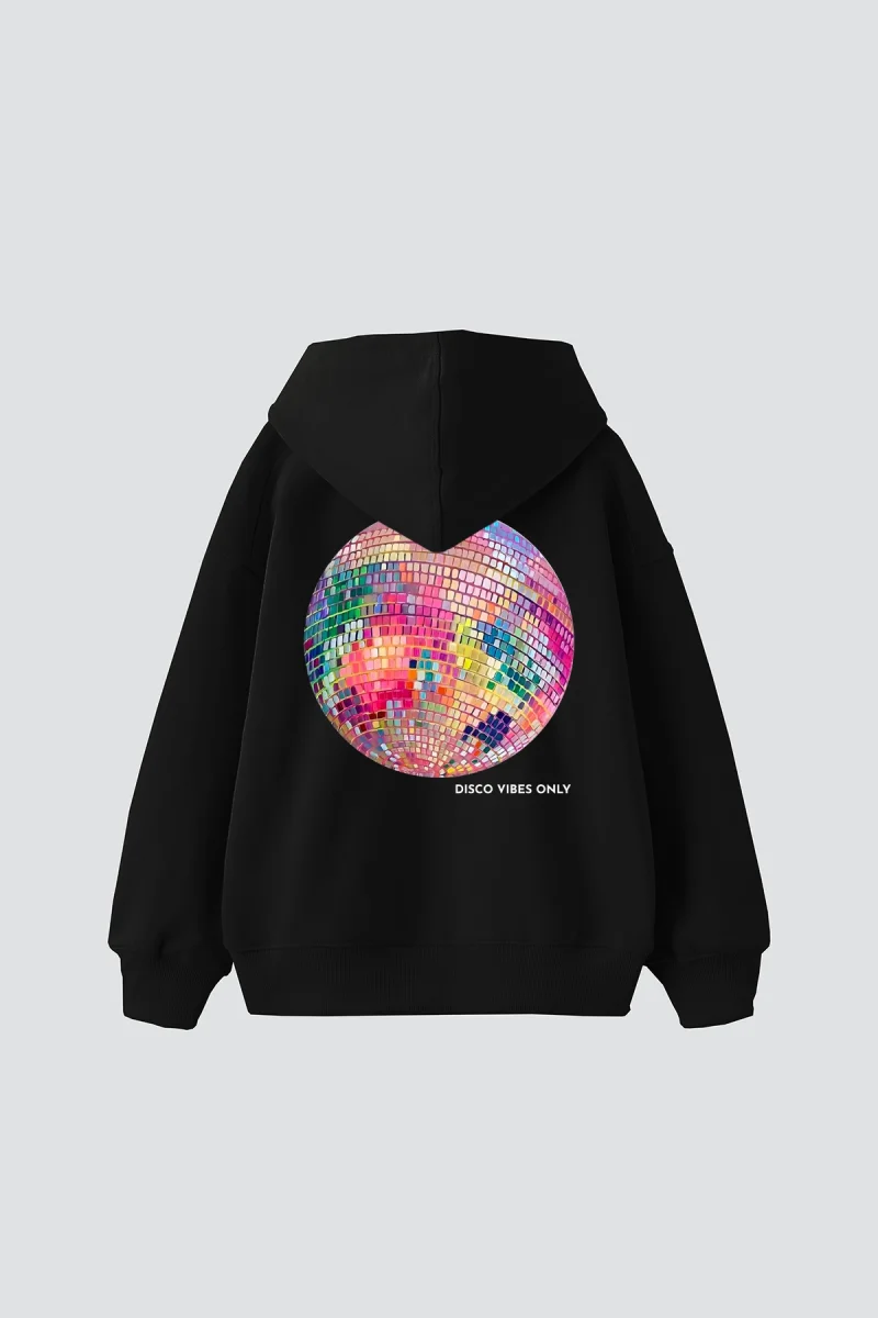 Disco Vibes Only Baskılı Oversize Unisex Siyah Hoodie