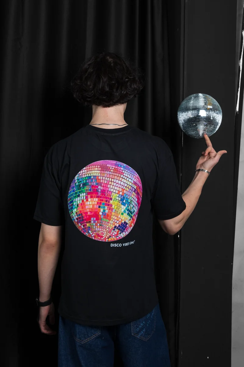 Disco Vibes Only Baskılı Oversize Unisex Siyah Tshirt