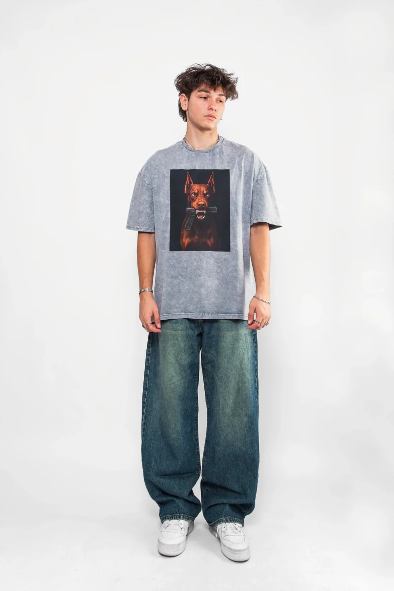 Doberman V2 Baskılı Oversize Unisex Yıkamalı Beyaz Tshirt