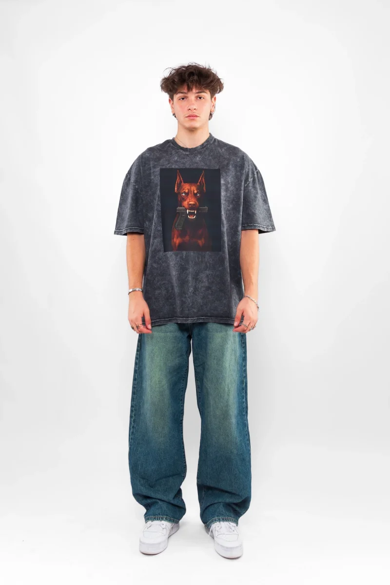 Doberman V2 Baskılı Oversize Unisex Yıkamalı Siyah Tshirt