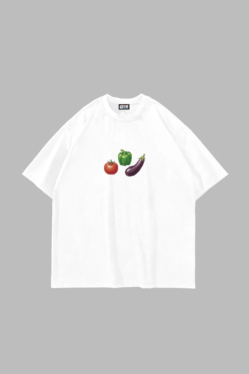 Domates Biber Patlıcan Baskılı Oversize Unisex Beyaz Tshirt