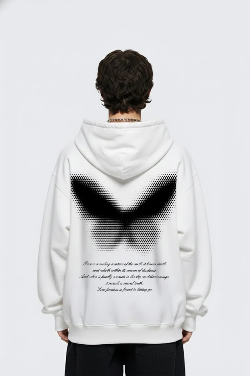 Dot Butterfly Baskılı Oversize Unisex Beyaz Hoodie