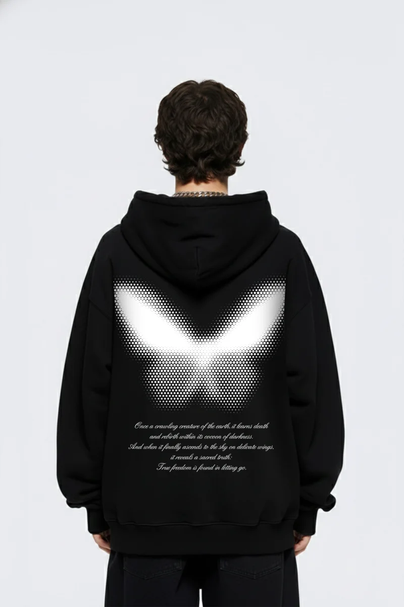 Dot Butterfly Baskılı Oversize Unisex Siyah Hoodie