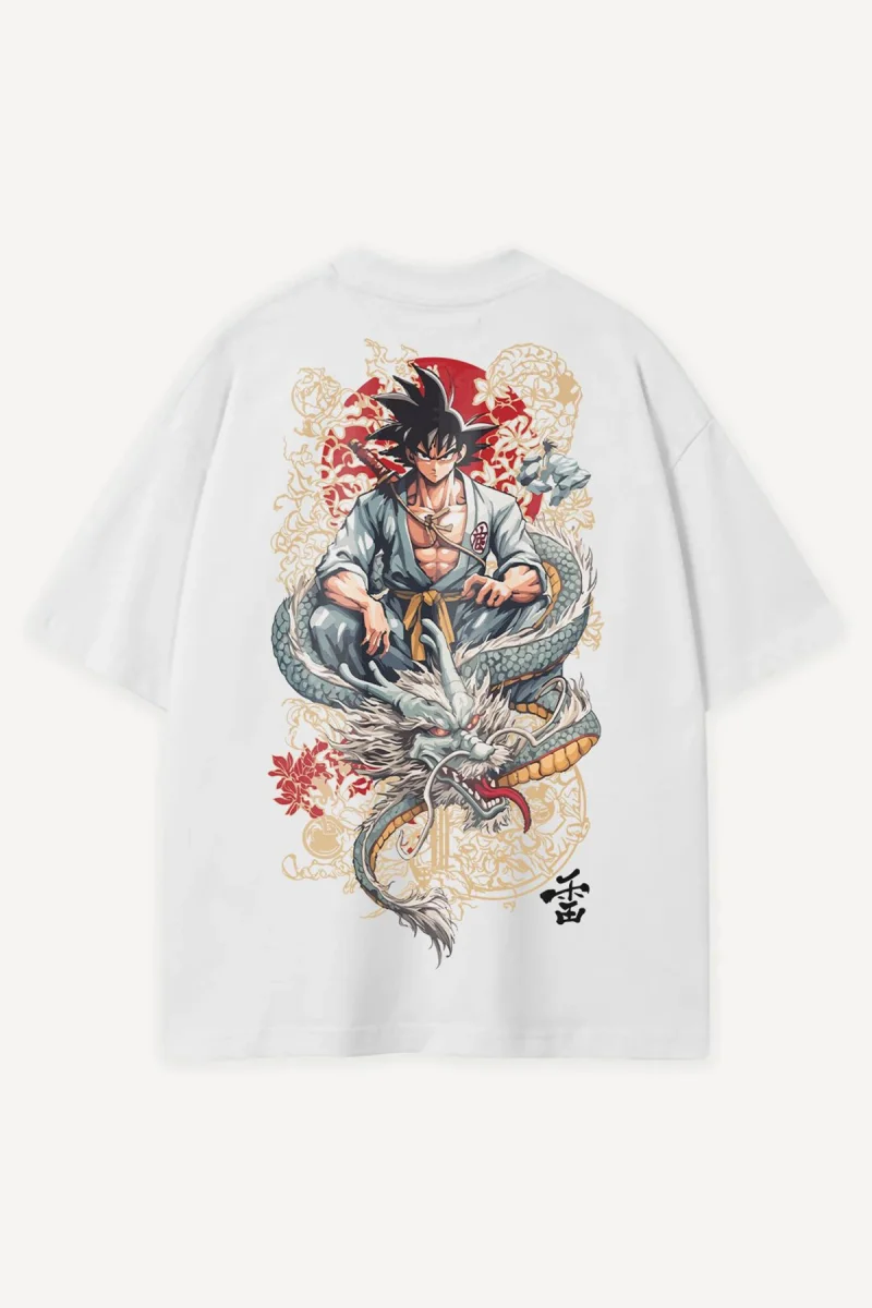 Japanese Dragon Warrior Baskılı Beyaz Oversize Unisex Tshirt