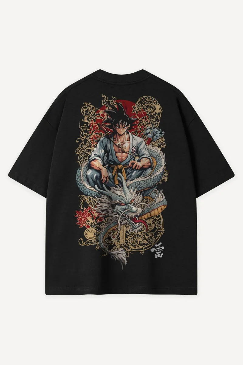 Japanese Dragon Warrior Baskılı Siyah Oversize Unisex Tshirt