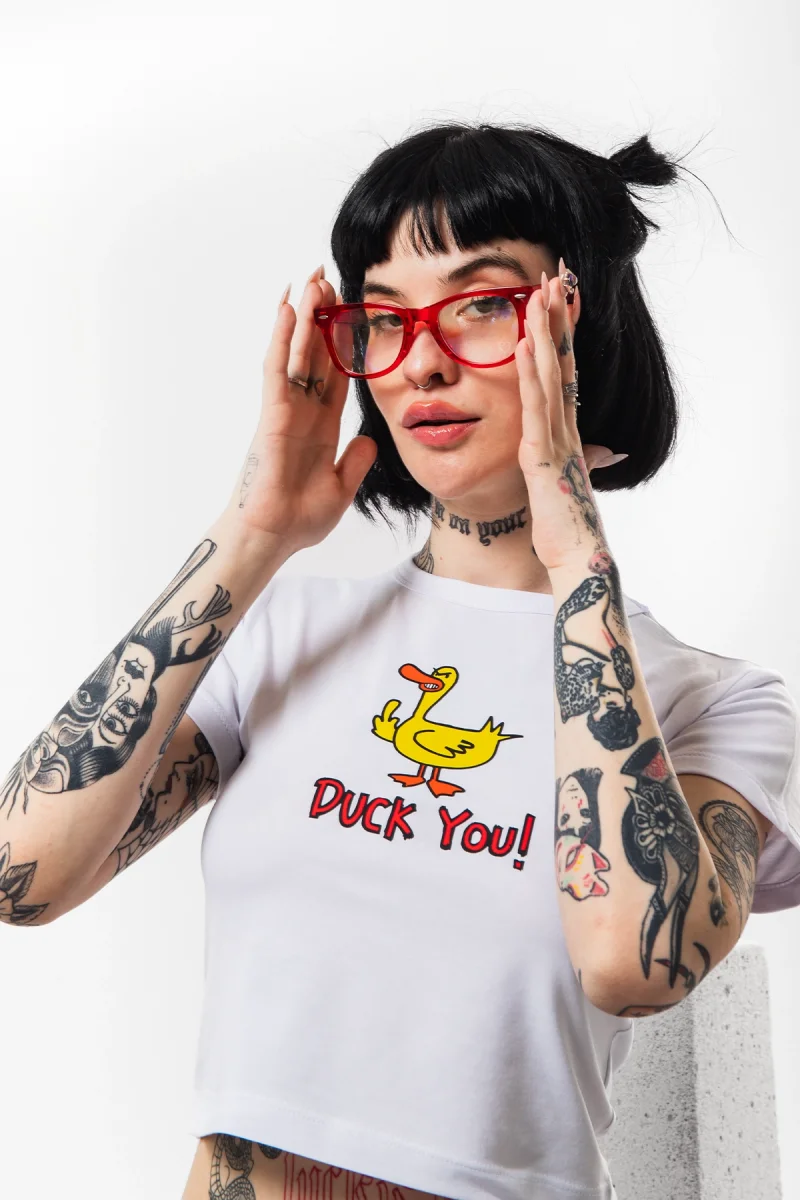 Duck You Baskılı Beyaz Crop Top