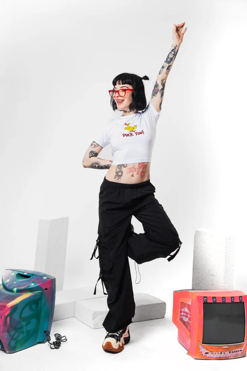 Duck You Baskılı Beyaz Crop Top