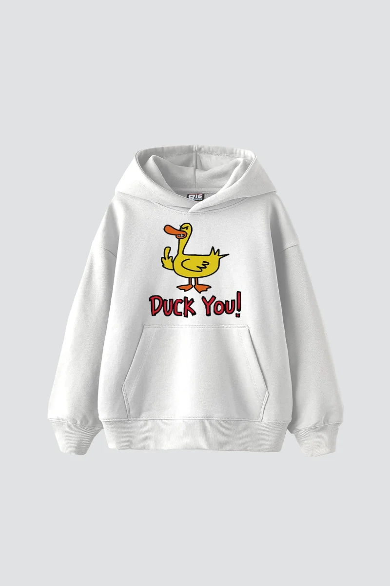 Duck You Baskılı Oversize Unisex Premium Beyaz Hoodie