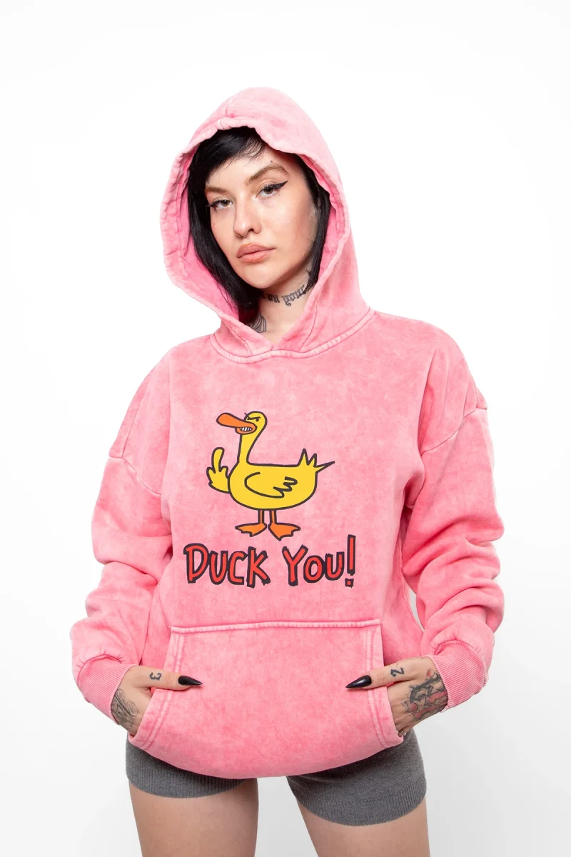 Duck You Baskılı Oversize Unisex Premium Yıkamalı Pembe Hoodie