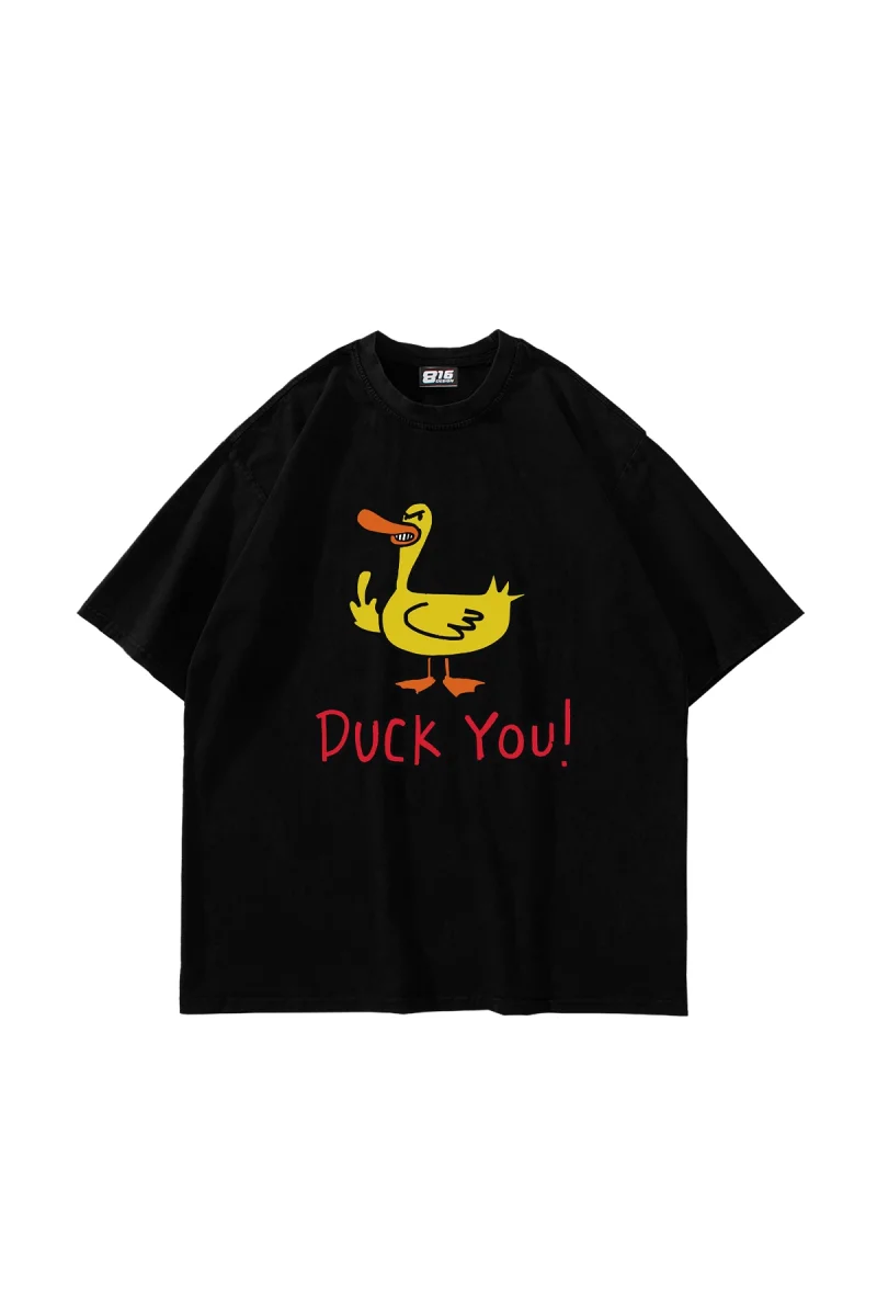 Duck You! Baskılı Oversize Unisex Siyah Tshirt